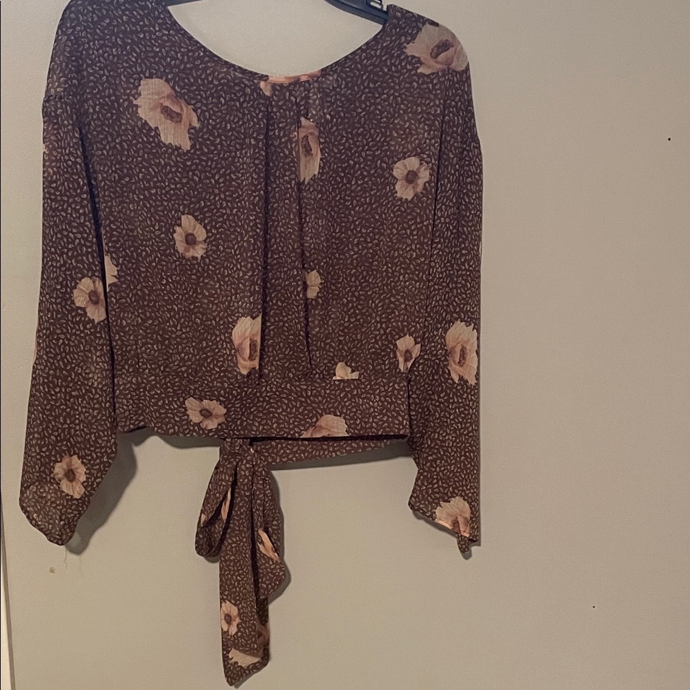 H&M Brown Floral Tie-Front Long Sleeve Blouse